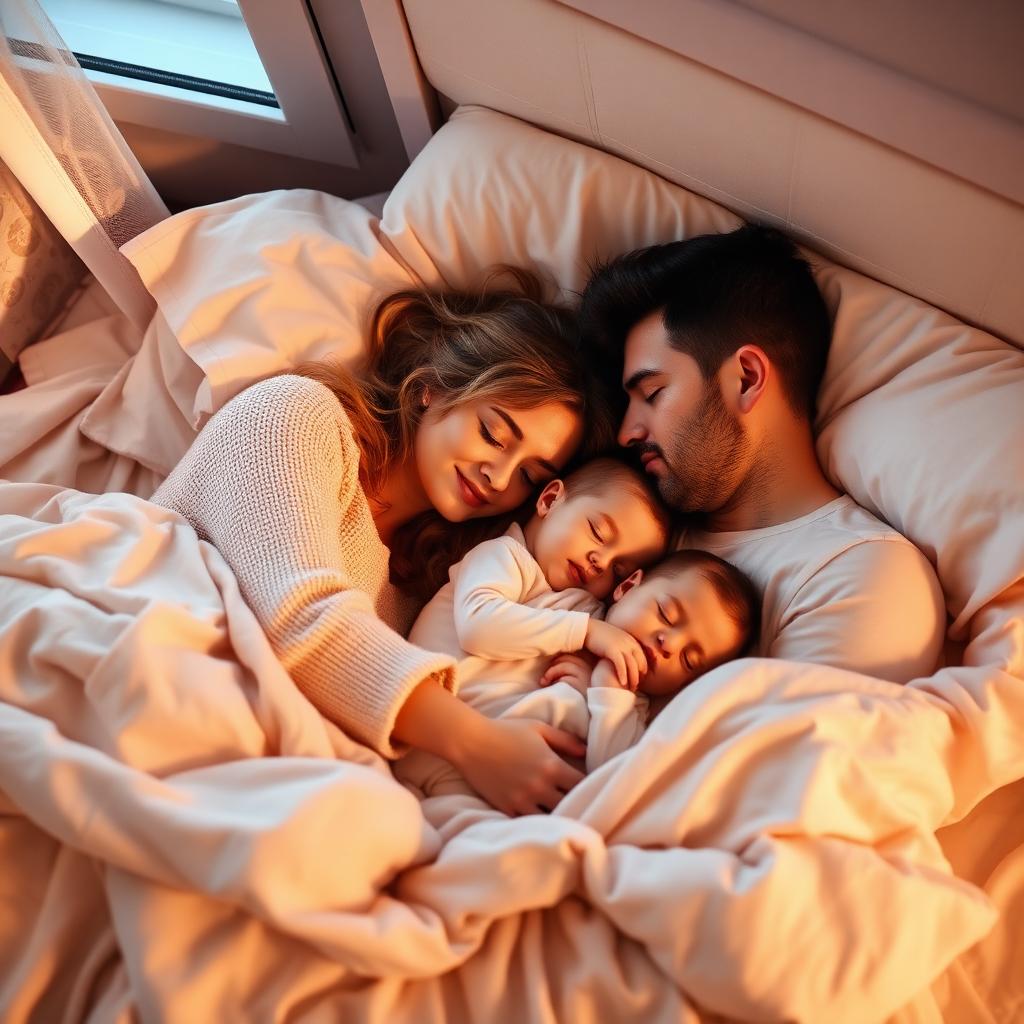 Família dormindo tranquila com o bebê
